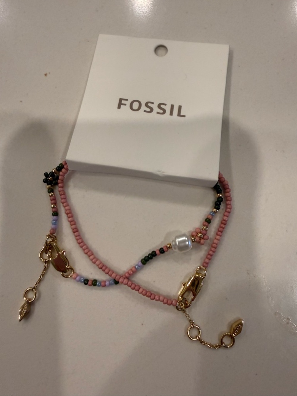 Fossil Pink Multicolor Seed-Bead Layered Bracelet with Gold Accents